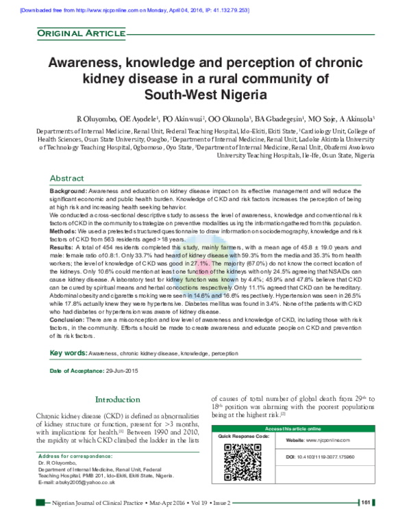 (PDF) Awareness, knowledge and perception of chronic kidney disease in ...