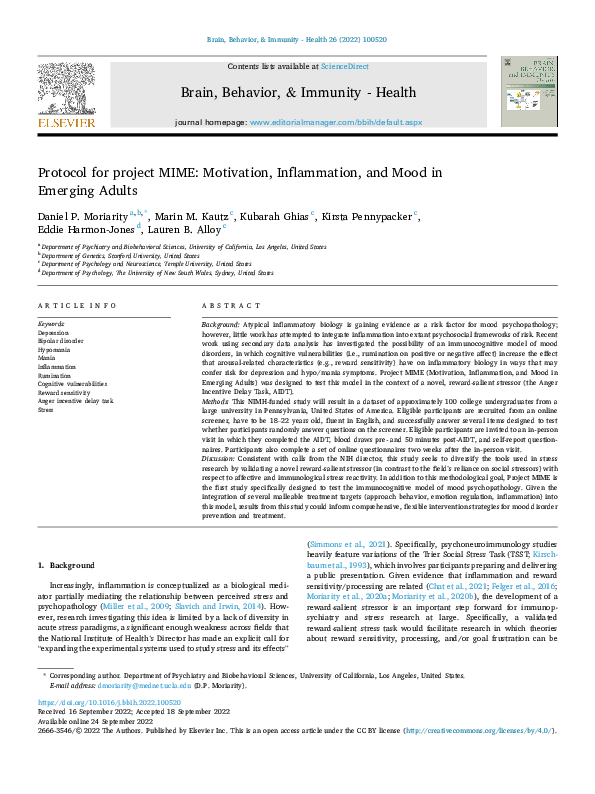(PDF) Protocol for Project MIME: Motivation, Inflammation, and Mood in ...