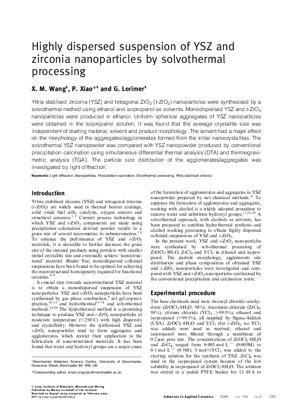 (PDF) Highly dispersed suspension of YSZ and zirconia nanoparticles by ...