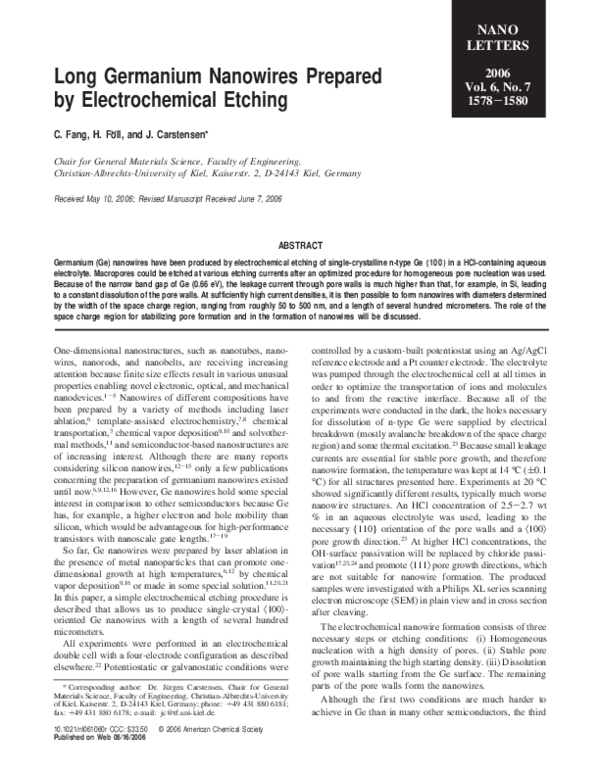 (PDF) Long Germanium Nanowires Prepared by Electrochemical Etching