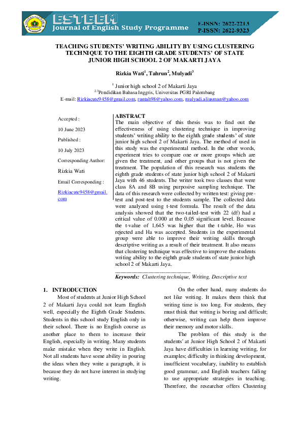 (PDF) Teaching Students' Writing Ability by Using Clustering Technique ...