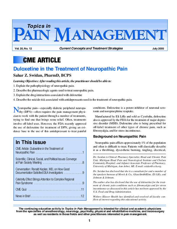 Duloxetine in the Treatment of Neuropathic Pain