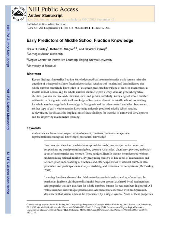 (PDF) Early predictors of middle school fraction knowledge