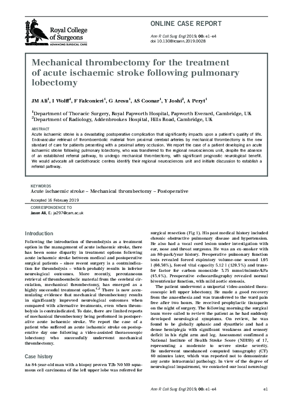 (PDF) Mechanical thrombectomy for the treatment of acute ischemic stroke