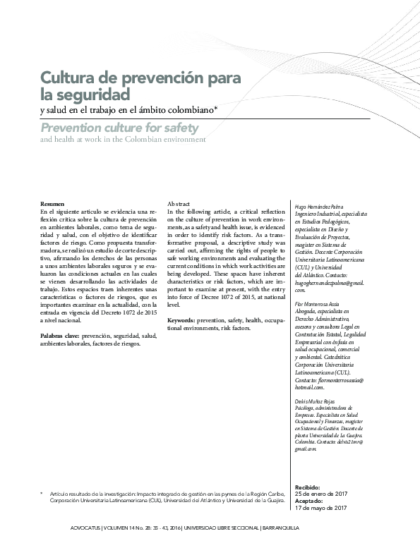 (PDF) Cultura de prevención para la seguridad y salud en el trabajo en ...