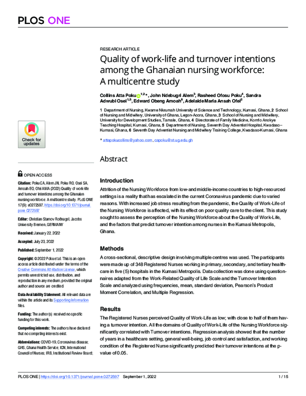 (PDF) Quality of work-life and turnover intentions among the Ghanaian ...