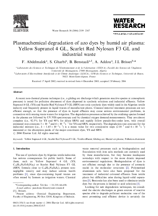 (PDF) Plasmachemical degradation of azo dyes by humid air plasma ...