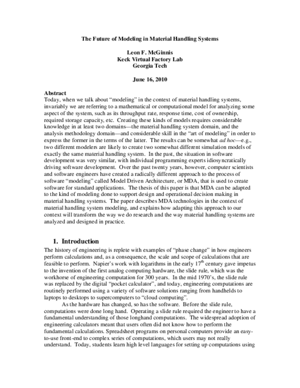 (PDF) The Future of Modeling in Material Handling Systems