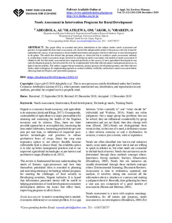 (PDF) Needs Assessment in Intervention Programs for Rural Development
