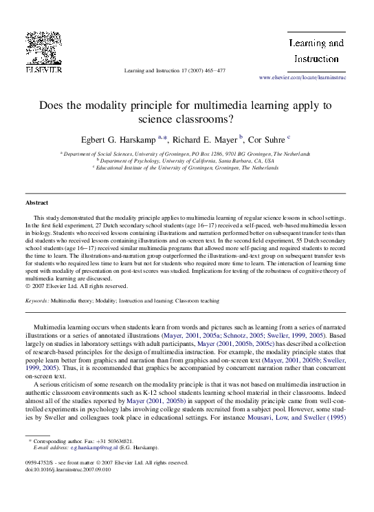 (PDF) Does the modality principle for multimedia learning apply to ...