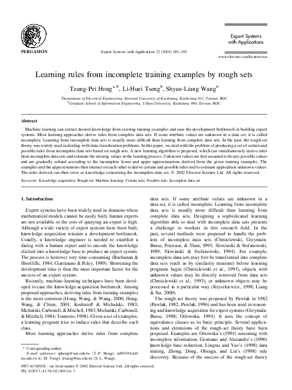 (PDF) Learning rules from incomplete training examples by rough sets