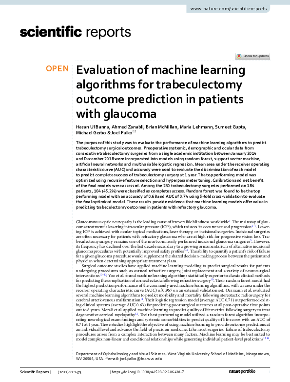 (PDF) Evaluation of machine learning algorithms for trabeculectomy ...