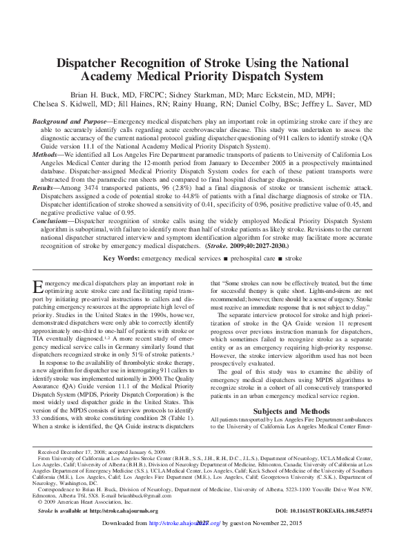 (PDF) Dispatcher Recognition of Stroke Using the National Academy ...