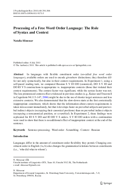 (PDF) Processing of a Free Word Order Language: The Role of Syntax and ...