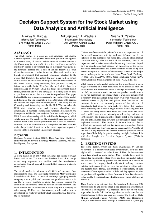 (PDF) Decision Support System for the Stock Market using Data Analytics ...