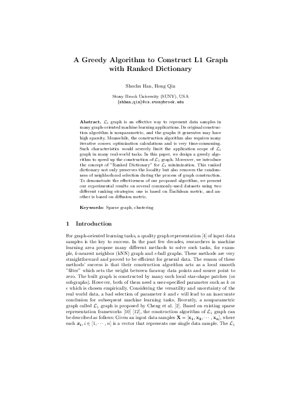 (PDF) A Greedy Algorithm to Construct L1 Graph with Ranked Dictionary