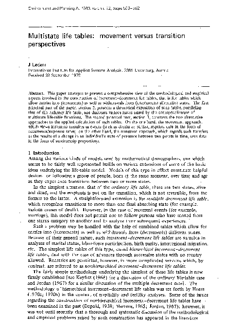(PDF) Multistate Life Tables: Movement versus Transition Perspectives