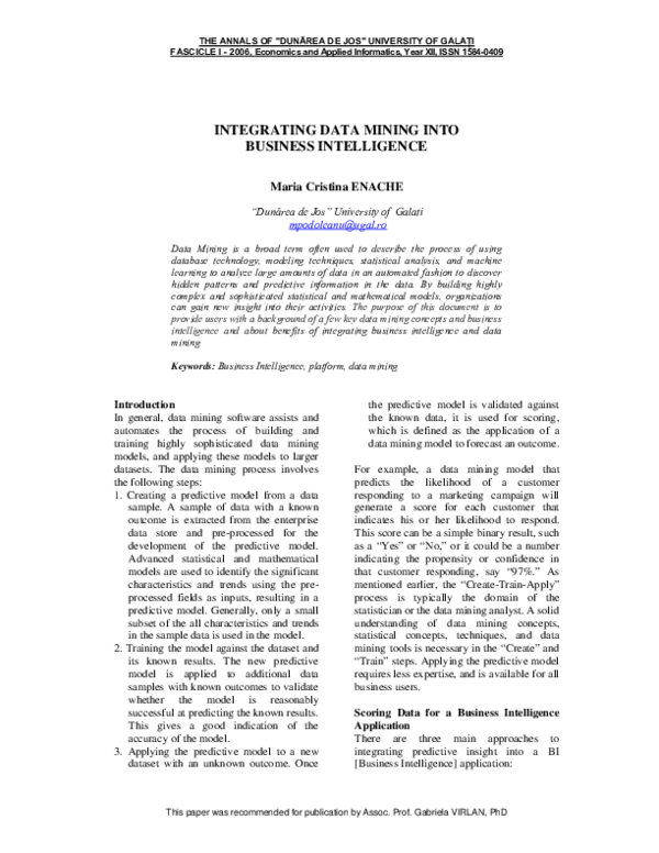 (PDF) Integrating Data Mining Into Business Intelligence | Cristina ...