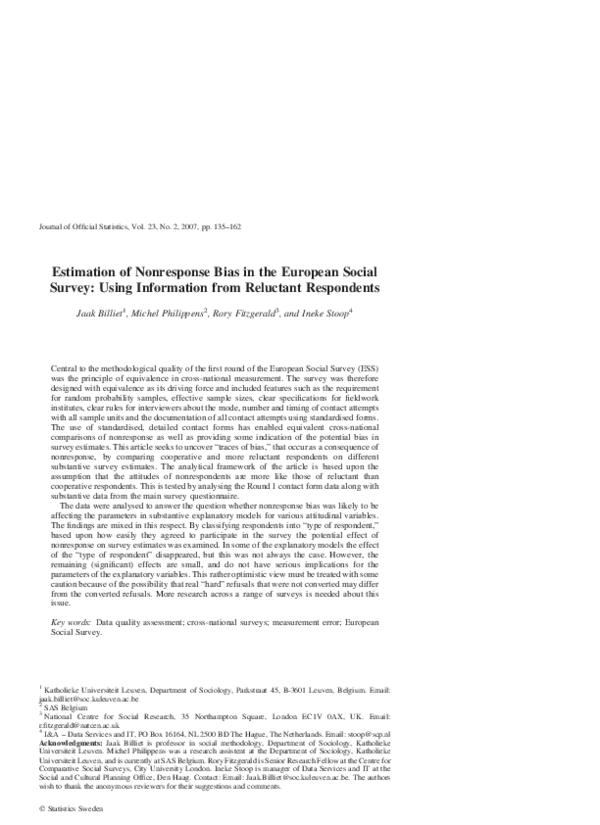 (PDF) Estimation of nonresponse bias in the European Social Survey ...