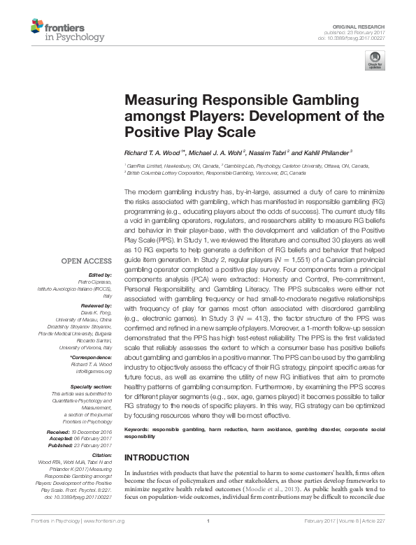 (PDF) Measuring Responsible Gambling amongst Players: Development of ...