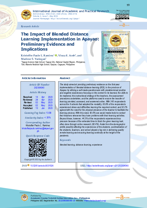 (PDF) The Impact of Blended Distance Learning Implementation in Apayao ...