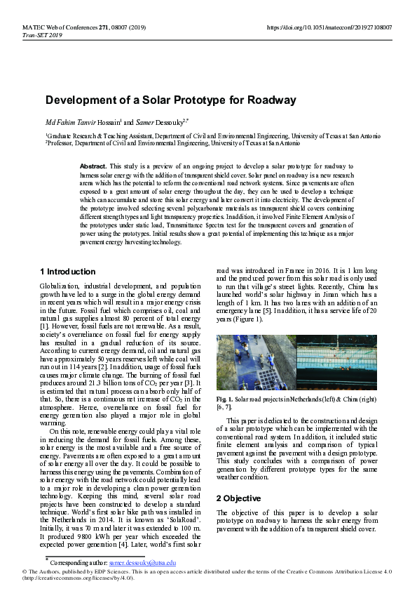 (PDF) Development of a Solar Prototype for Roadway