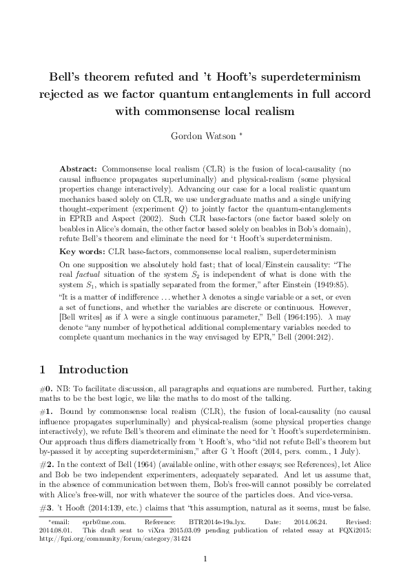(PDF) Bell's Theorem Refuted, and 't Hooft's Superdeterminism Rejected ...