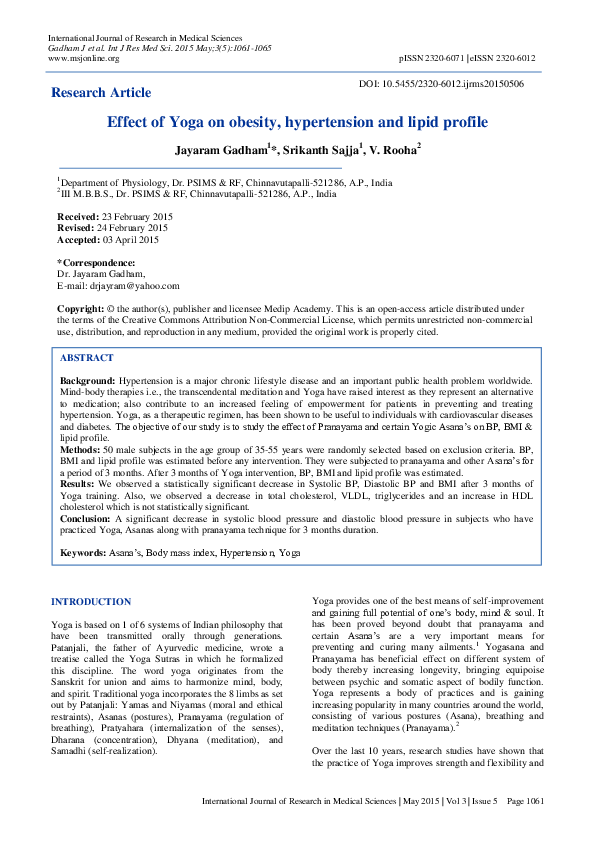 (PDF) Effect of Yoga on obesity, hypertension and lipid profile
