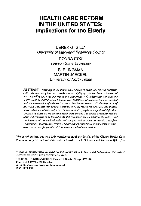(PDF) Health care reform in the United States: Implications for the elderly