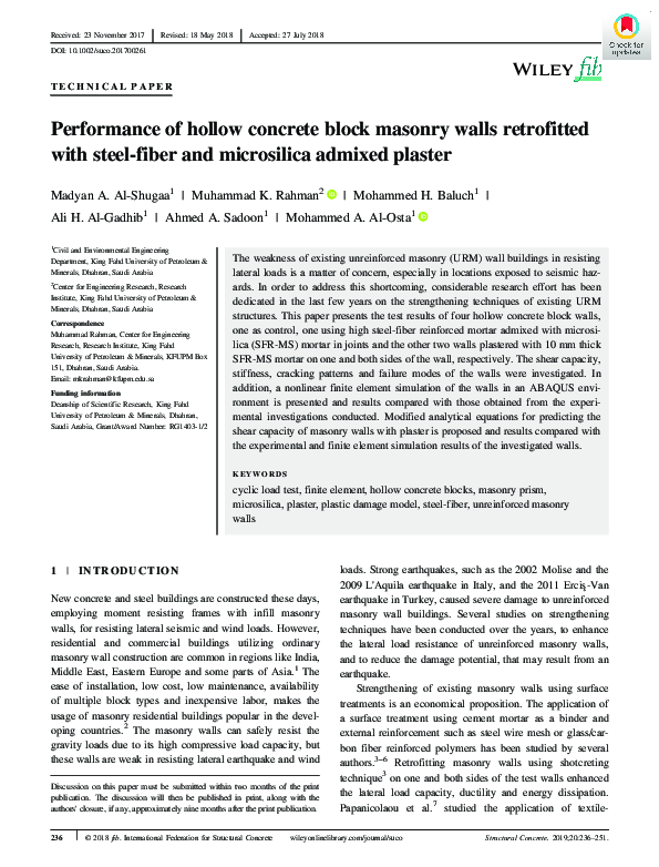 (PDF) Performance of hollow concrete block masonry walls retrofitted ...