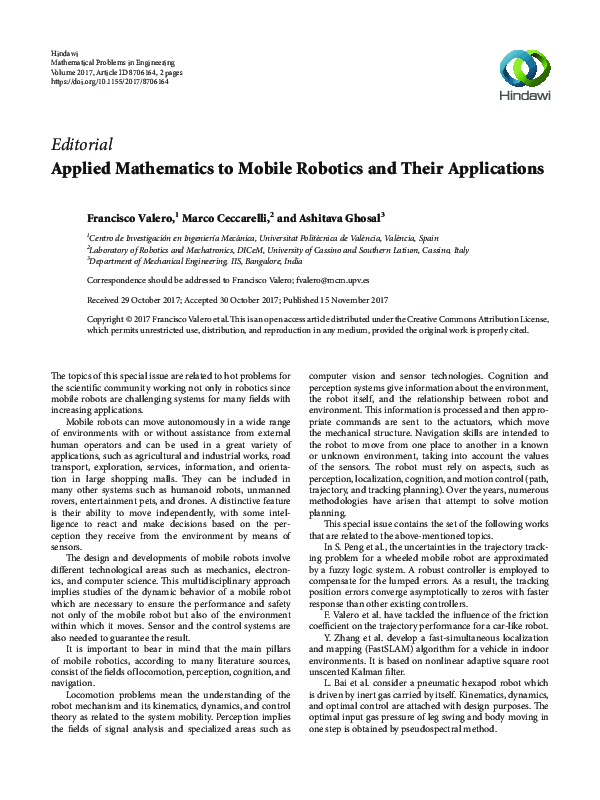 (PDF) Applied Mathematics to Mobile Robotics and Their Applications