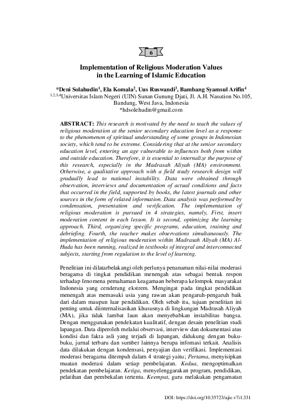 (PDF) Implementation of Religious Moderation Values in the Learning of ...