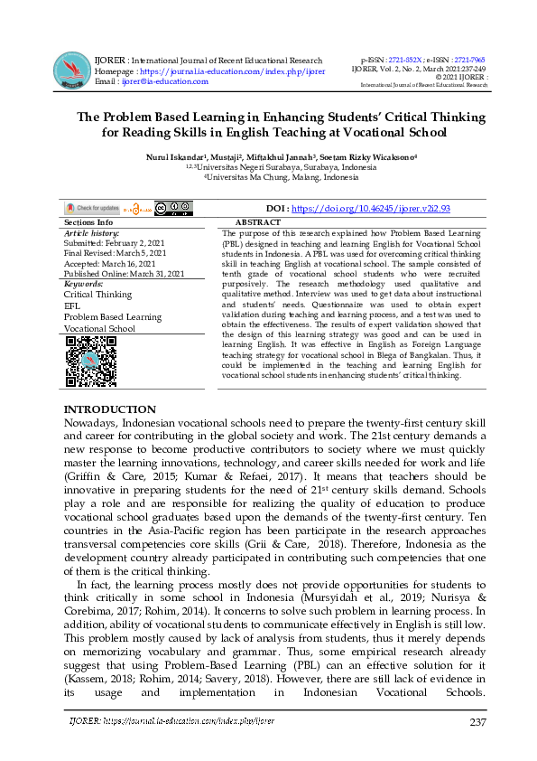 (PDF) The Problem Based Learning in Enhancing Students’ Critical ...