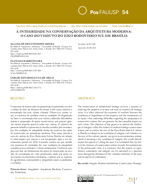 A integridade na conservação da arquitetura moderna: o caso do viaduto do eixo rodoviário sul em Brasília