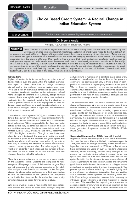 (PDF) Choice Based Credit System: A Radical Change in Indian Education ...