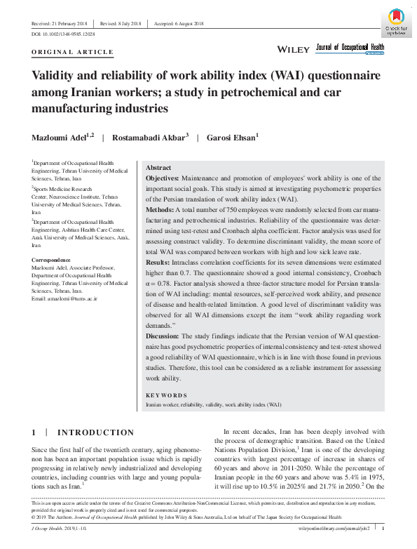 (PDF) Validity and reliability of work ability index (WAI ...