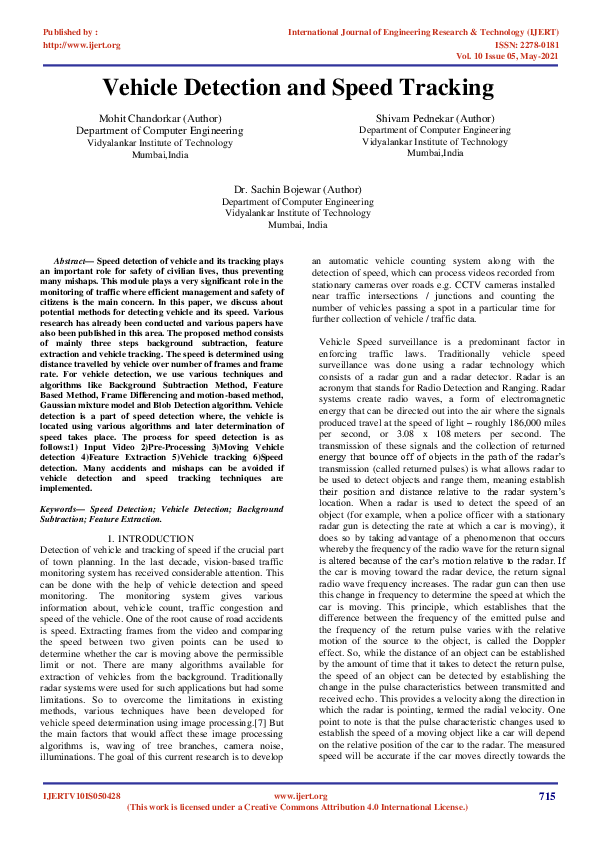(PDF) Vehicle Detection and Speed Tracking
