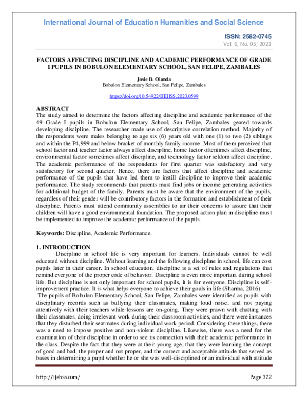 (PDF) Factors Affecting Discipline and Academic Performance of Grade I ...