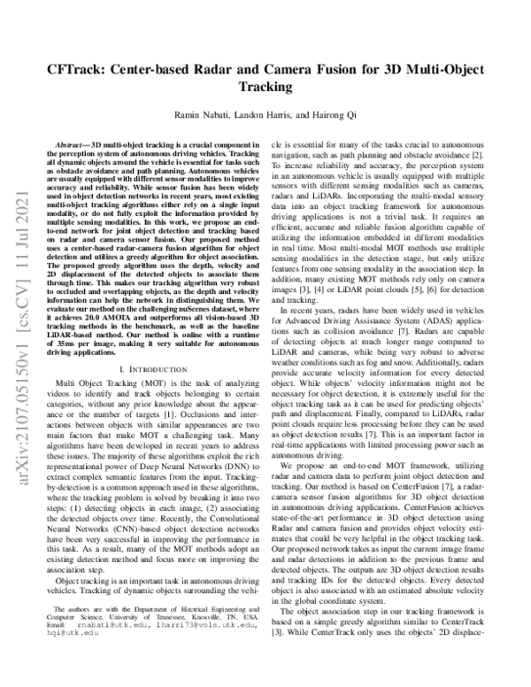 (PDF) CFTrack: Center-based Radar and Camera Fusion for 3D Multi-Object ...