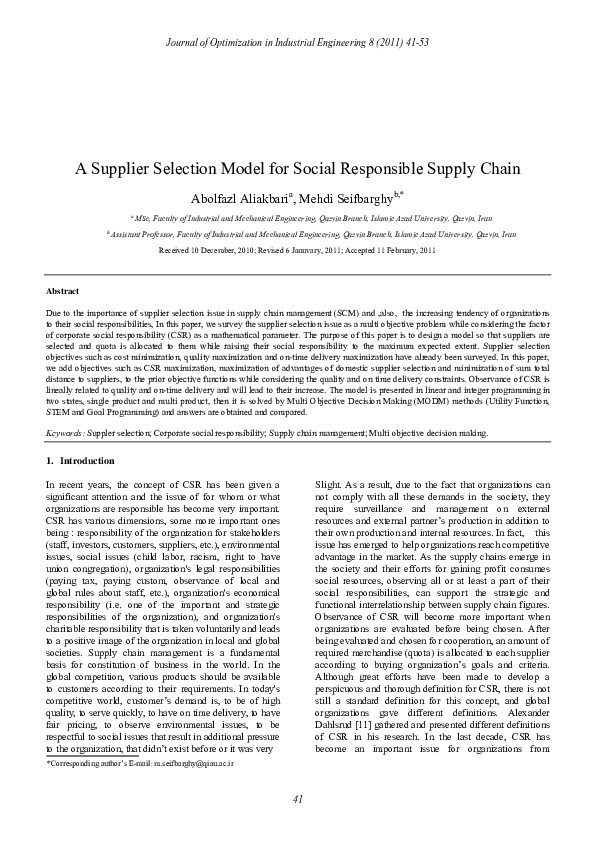 (PDF) A Supplier Selection Model for Social Responsible Supply Chain