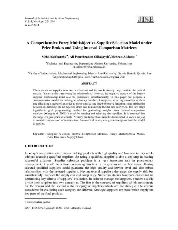 (PDF) A Comprehensive Fuzzy Multiobjective Supplier Selection Model ...