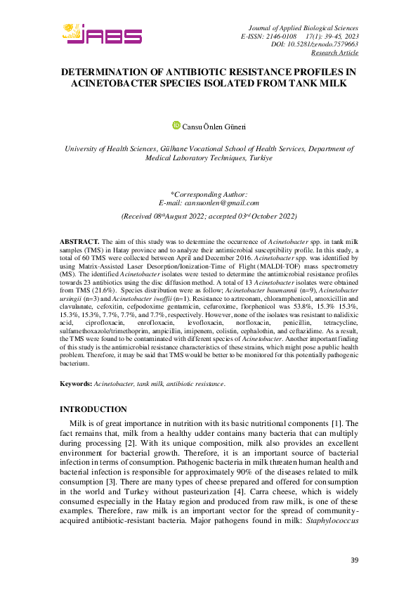 (PDF) Determination of Antibiotic Resistance Profiles in Acinetobacter ...