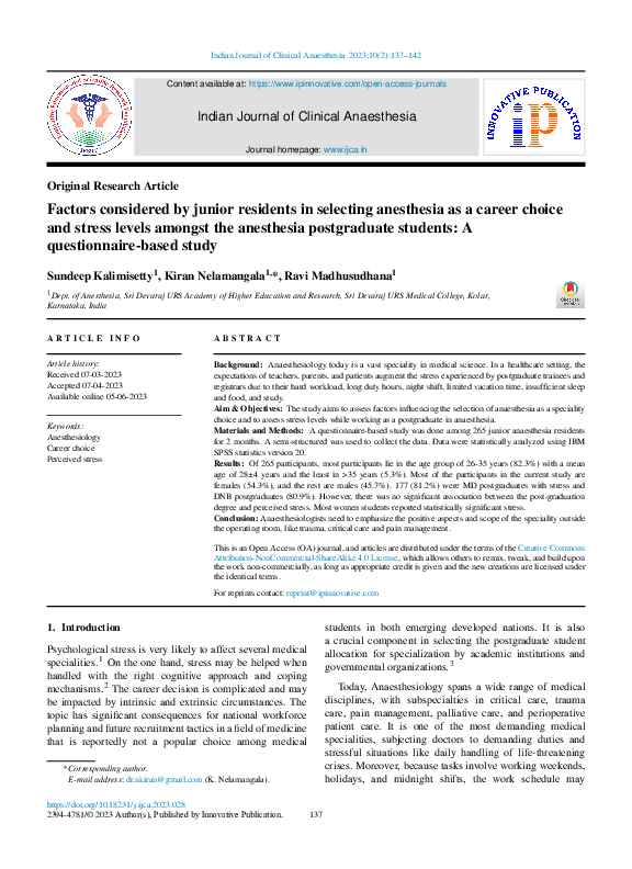 (PDF) Factors considered by junior residents in selecting anesthesia as ...