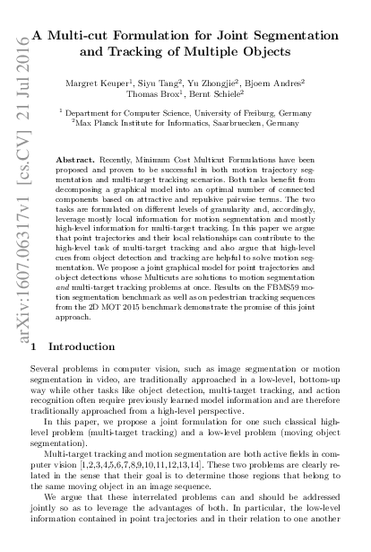 (PDF) A Multi-cut Formulation for Joint Segmentation and Tracking of ...