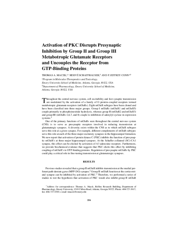 (PDF) Activation of PKC Disrupts Presynaptic Inhibition by Group II and ...