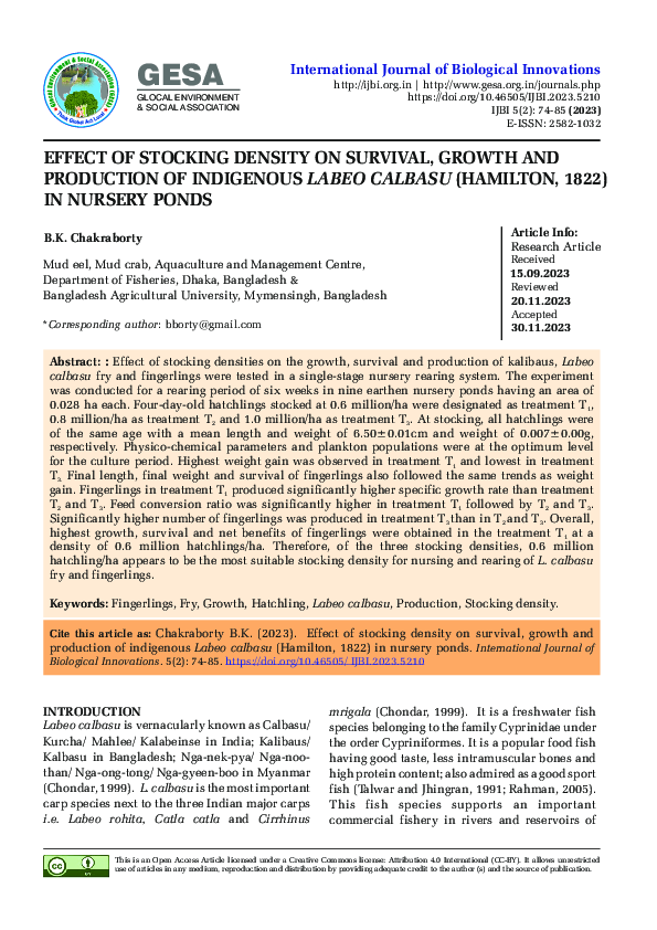 (PDF) Effect of stocking density on survival, growth and production of ...