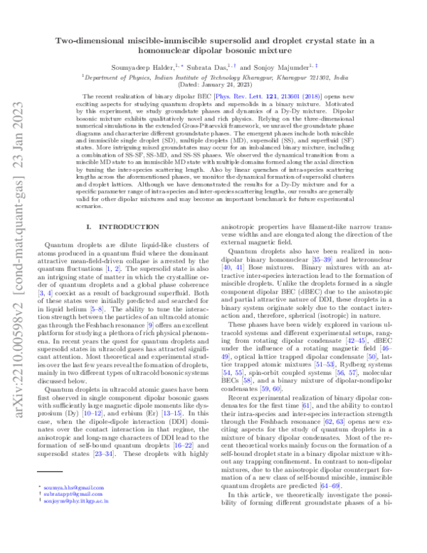(PDF) Two-dimensional miscible-immiscible supersolid and droplet ...