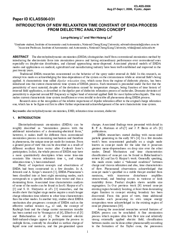 (PDF) Introduction of new relaxation time constant of EHDA process from ...