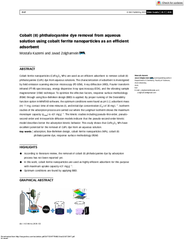 (PDF) Cobalt (II) phthalocyanine dye removal from aqueous solution ...