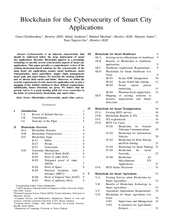 (PDF) Blockchain for the Cybersecurity of Smart City Applications